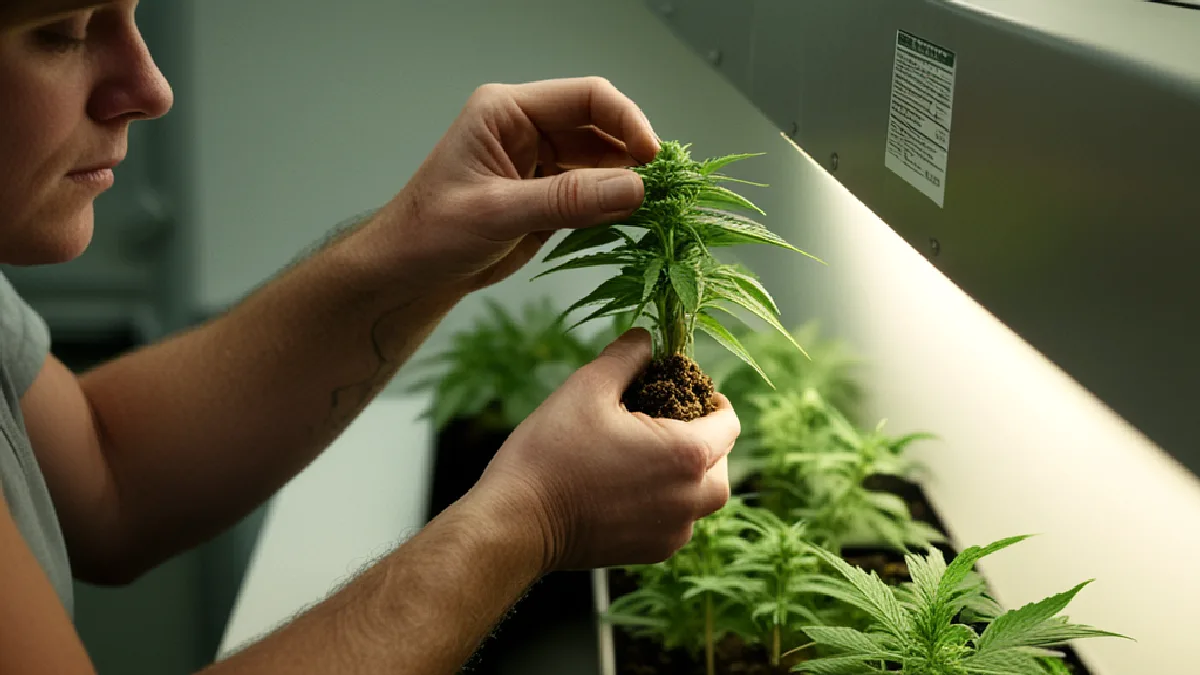Des mains gantées inspectent des plants de cannabis dans un environnement contrôlé, illustrant les limites du programme médical de l’Iowa.