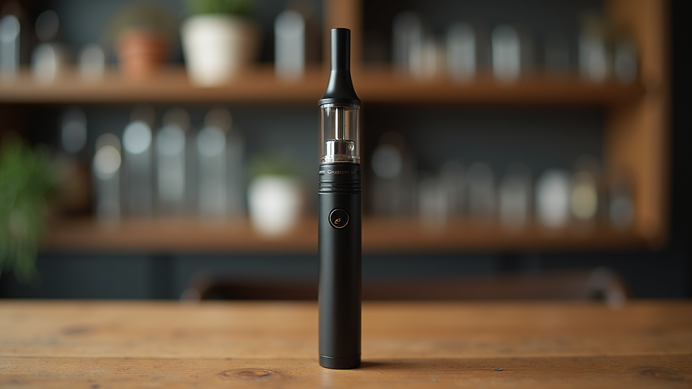 Eye-level view of a concentrate vape pen on a wooden table