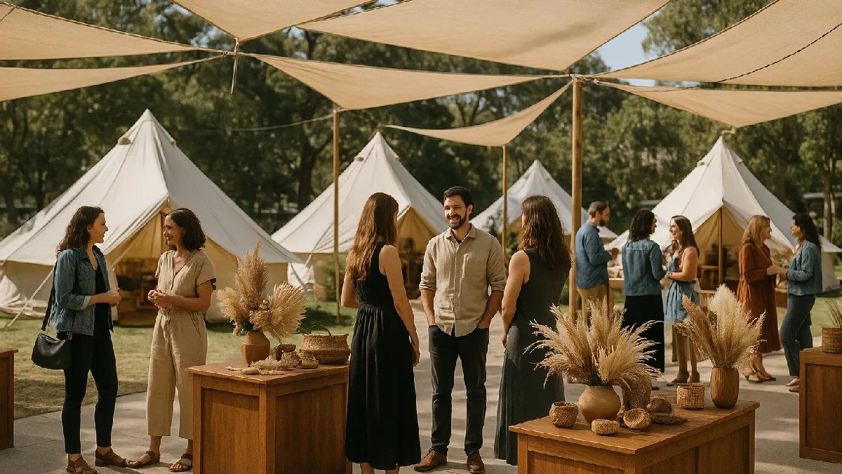 Canvas bell tents and wooden display tables form an organized community village at an outdoor event, providing a dedicated gathering space for attendees.