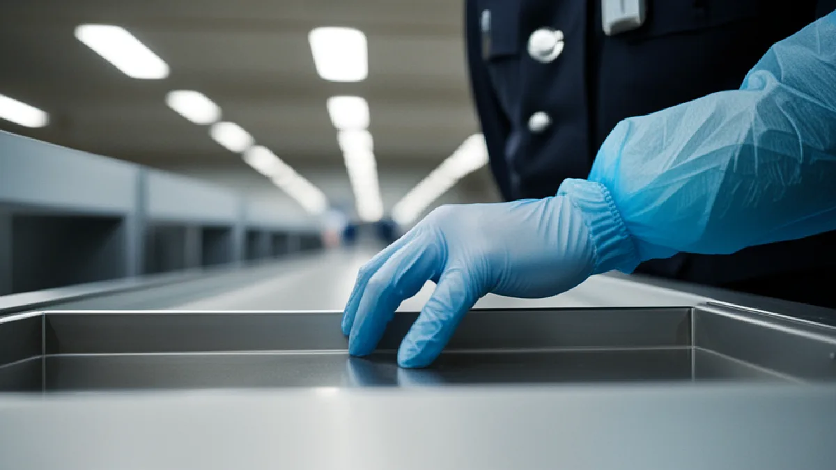 Gloved hands inspect a checkpoint tray, illustrating that cannabis discoveries may still be referred to law enforcement.