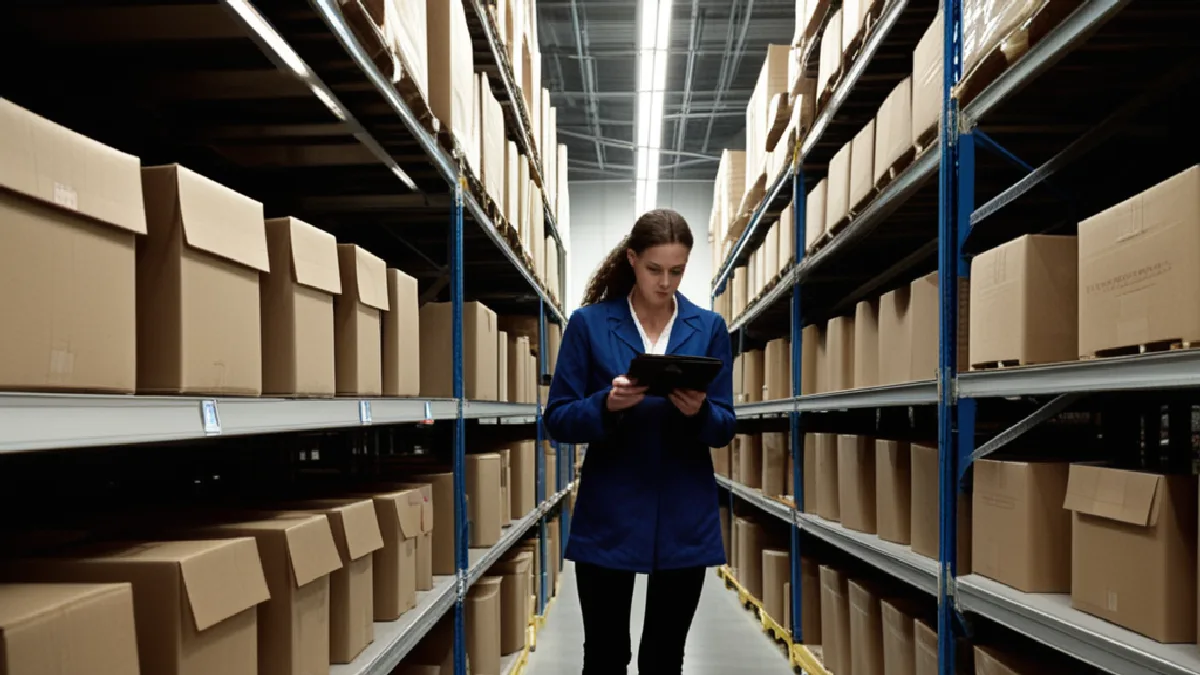 A worker removes unbranded cartons from warehouse shelving, illustrating cautious inventory reductions during regulatory uncertainty.
