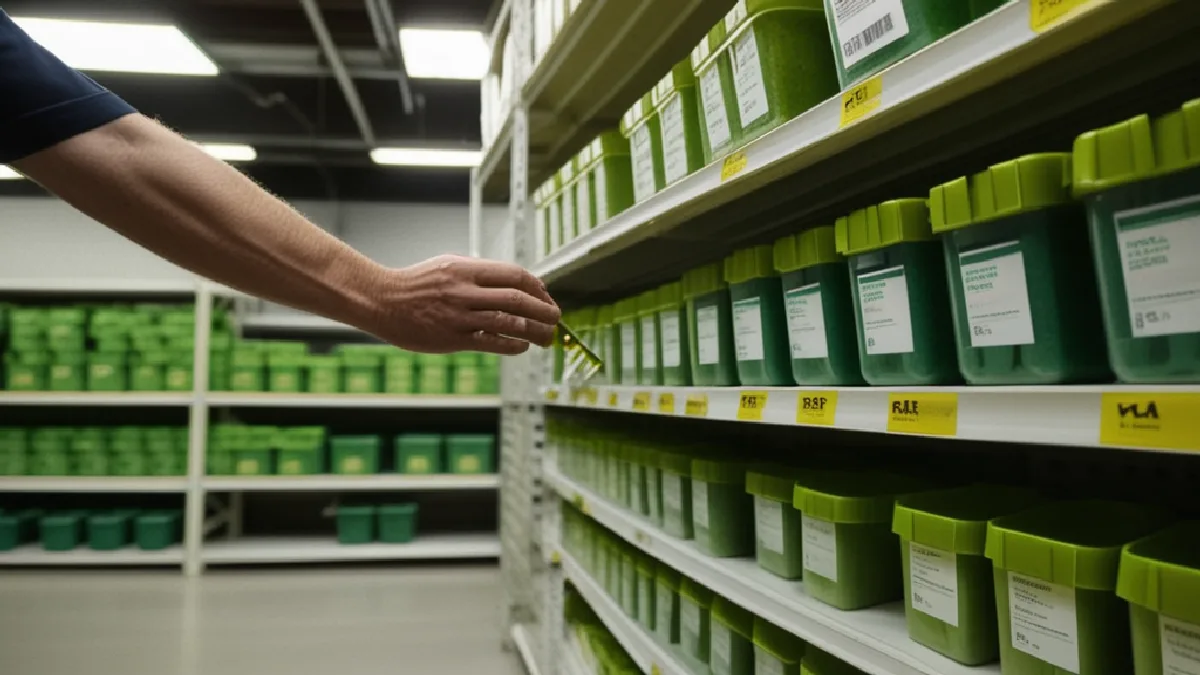 A worker inspects unbranded cannabinoid inventory beside separated storage areas for two compliance deadlines.