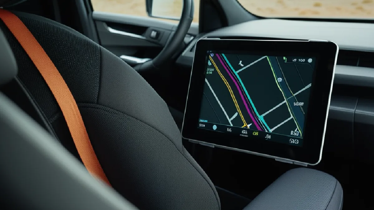 A secure locked delivery pouch on a vehicle seat next to a navigation tablet, highlighting courier compliance rules.