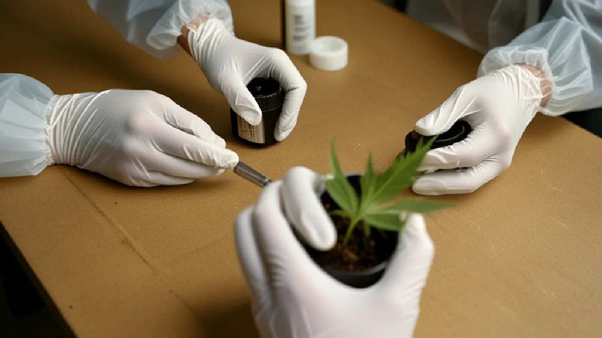 Gloved hands prepare portable sampling equipment for planned air testing in cultivation facilities.