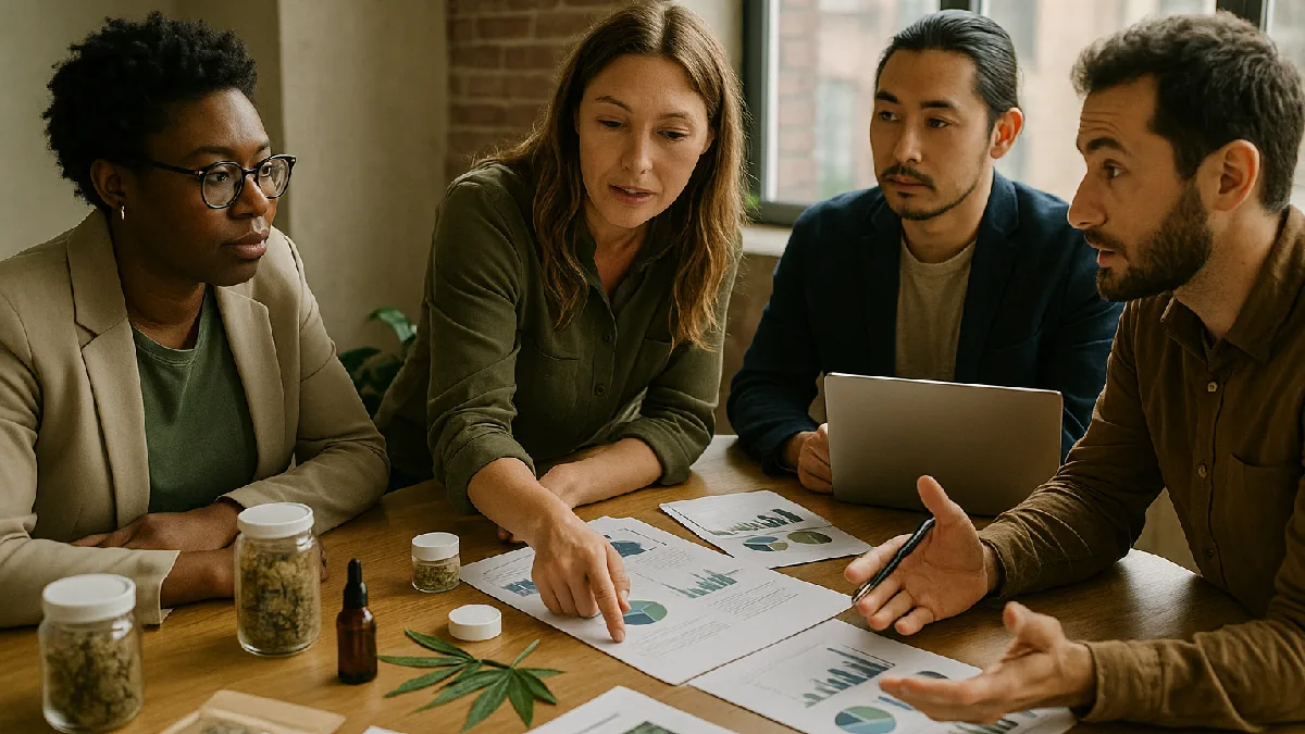 Entrepreneurs collaborating on business strategies with cannabis products and materials, highlighting opportunities in the DMV area.