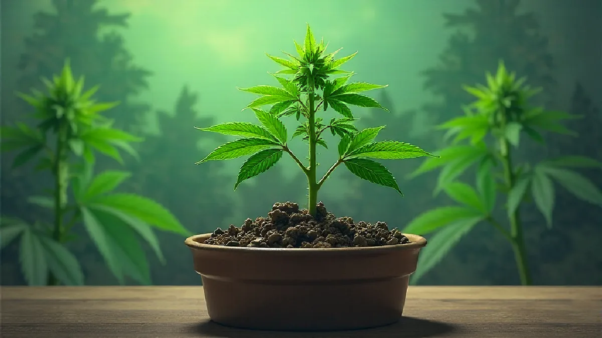 Hands select viable cannabis seeds beside young plants in a controlled indoor growing space.