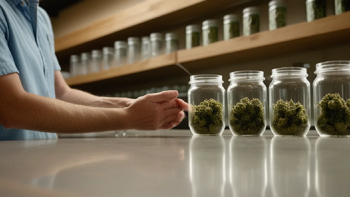 A shopper reaches toward an unlabeled cannabis product as a budtender offers familiar choices at a Maryland counter.