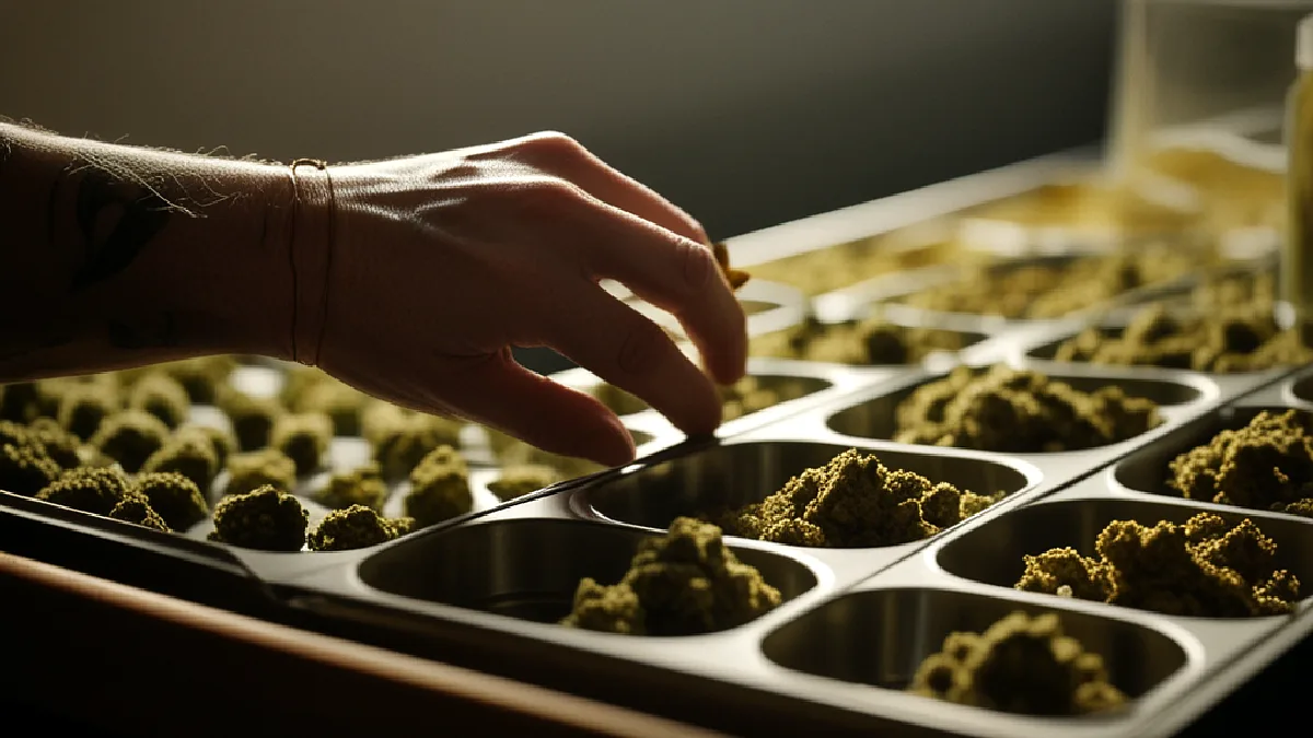 Gloved hands sort cannabis products into three operating groups to prepare for uneven holiday demand.