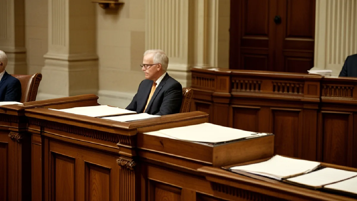 Two lawmakers confer inside a Massachusetts legislative chamber during the campaign against repeal.
