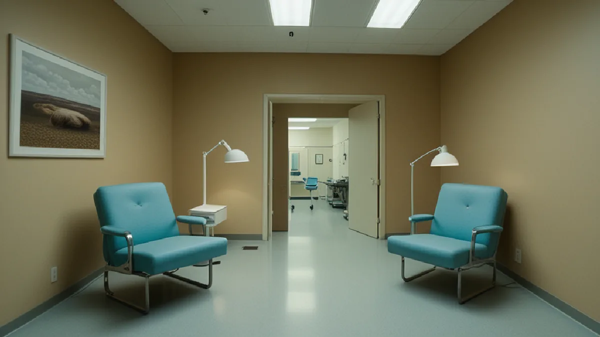 An empty clinical treatment room distinguishes supervised research therapy from state-regulated adult-use services.