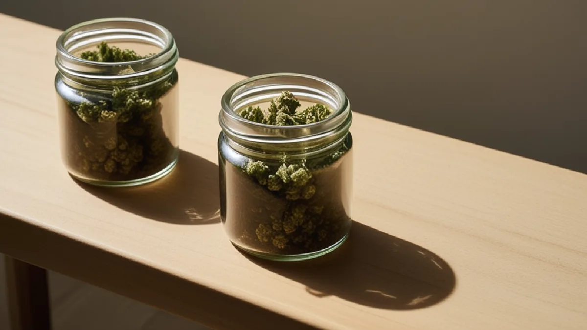 plain unlabelled glass jars of cannabis flower on a clean bench in Maryland, illustrating what is 5‑meo‑dmt