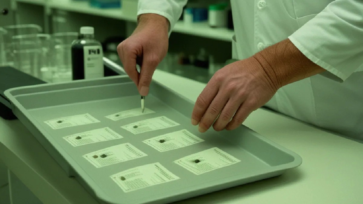 Gloved technicians examine a two-toned pressed tablet during laboratory testing for the Dutch health alert.
