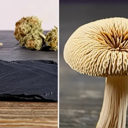 A dried cannabis bud and a psilocybin mushroom cap side-by-side on slate, lit by soft laboratory glow for a comparative study article.
