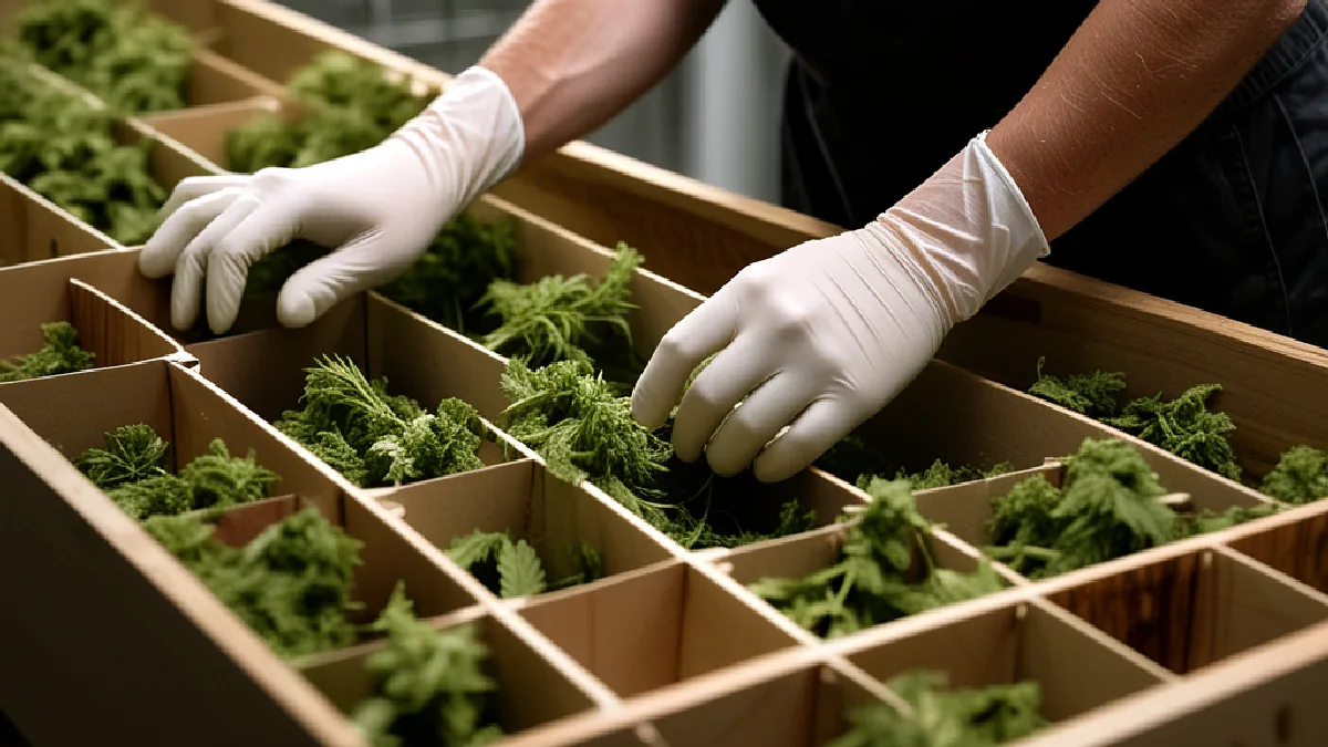 Los trabajadores, provistos de guantes, cuelgan las ramas de cannabis y coordinan las tareas posteriores a la cosecha en una sala de secado controlada.