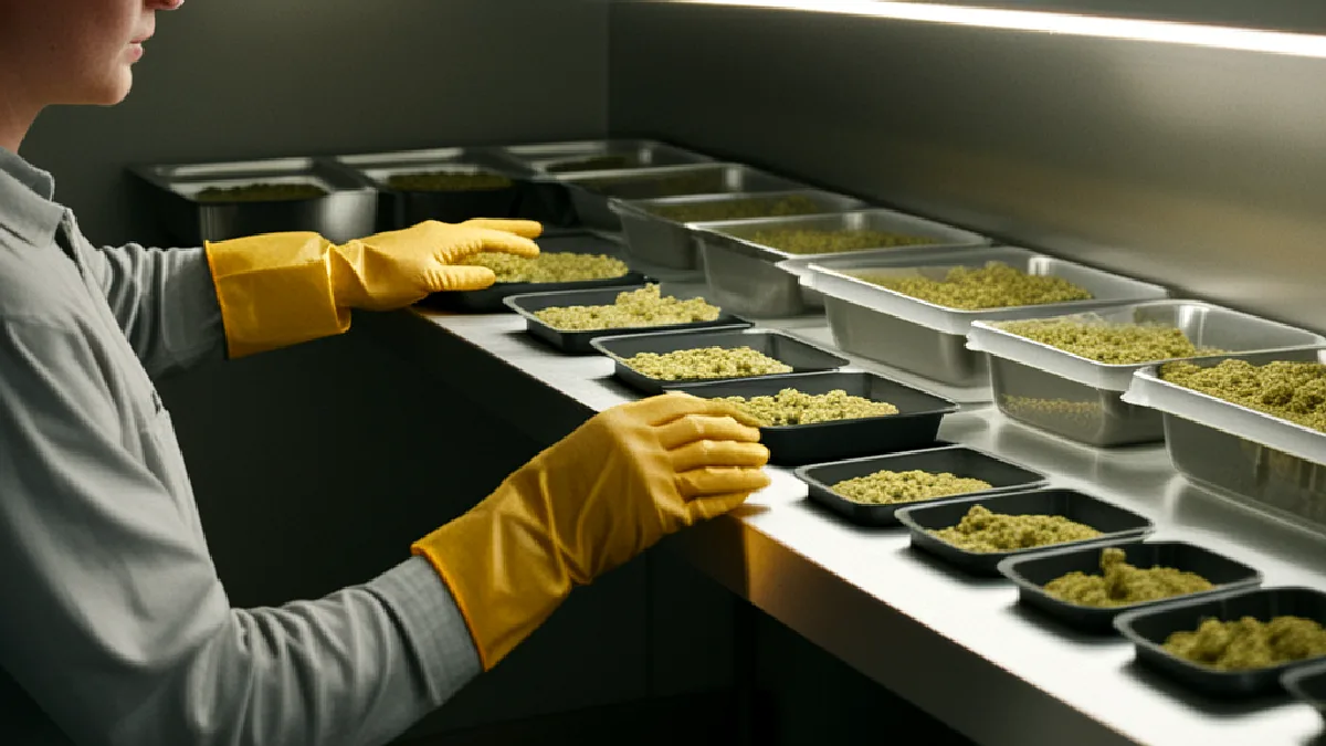 Gloved hands inspect unbranded cannabis containers in a secure room, evoking delivery licensing and transport compliance.