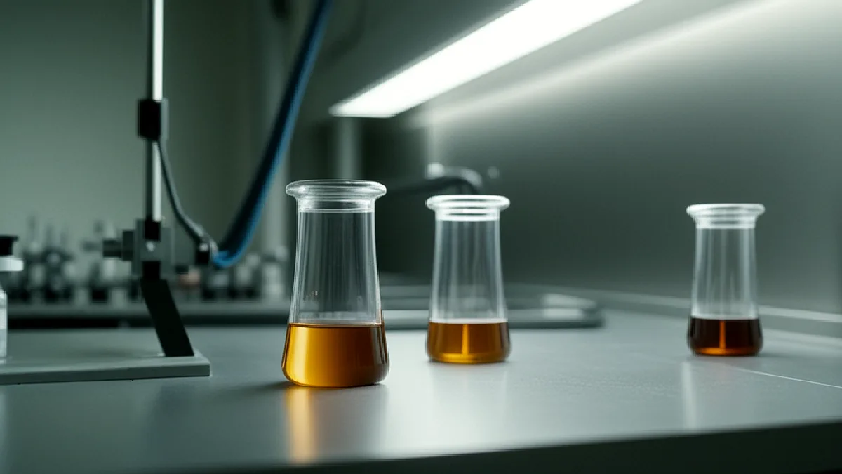 Unas manos enguantadas trabajan junto a equipos de laboratorio, evocando la cobertura del desarrollo de fármacos y la investigación científica.