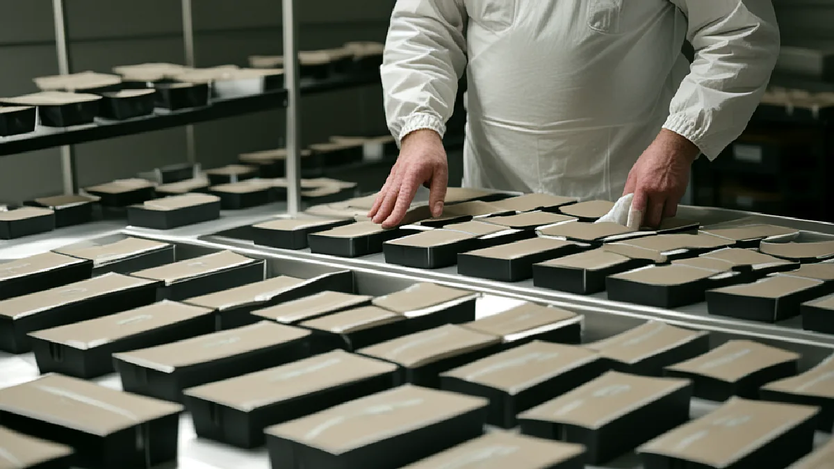 Workers organize sealed cannabis packages for a careful compliance and custody review.