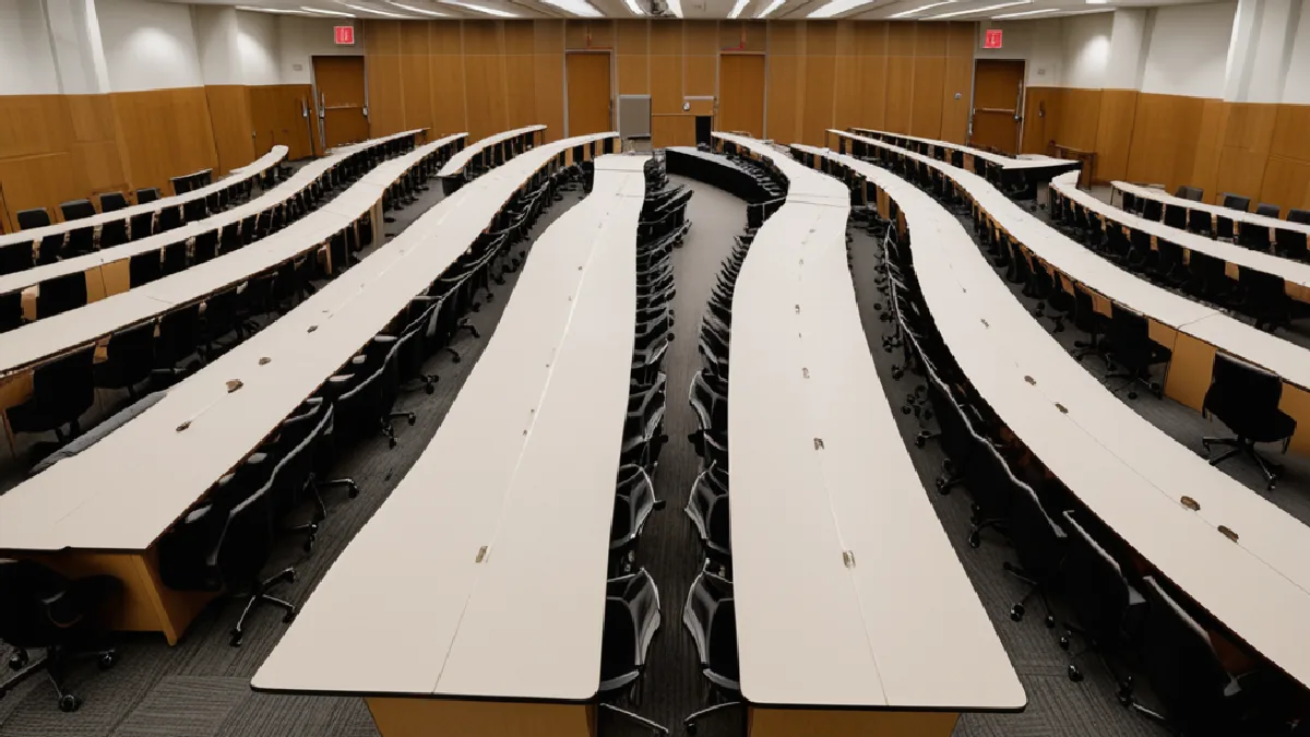 An empty FDA hearing room in Silver Spring evokes the policy debate over psychedelic research and scheduling.