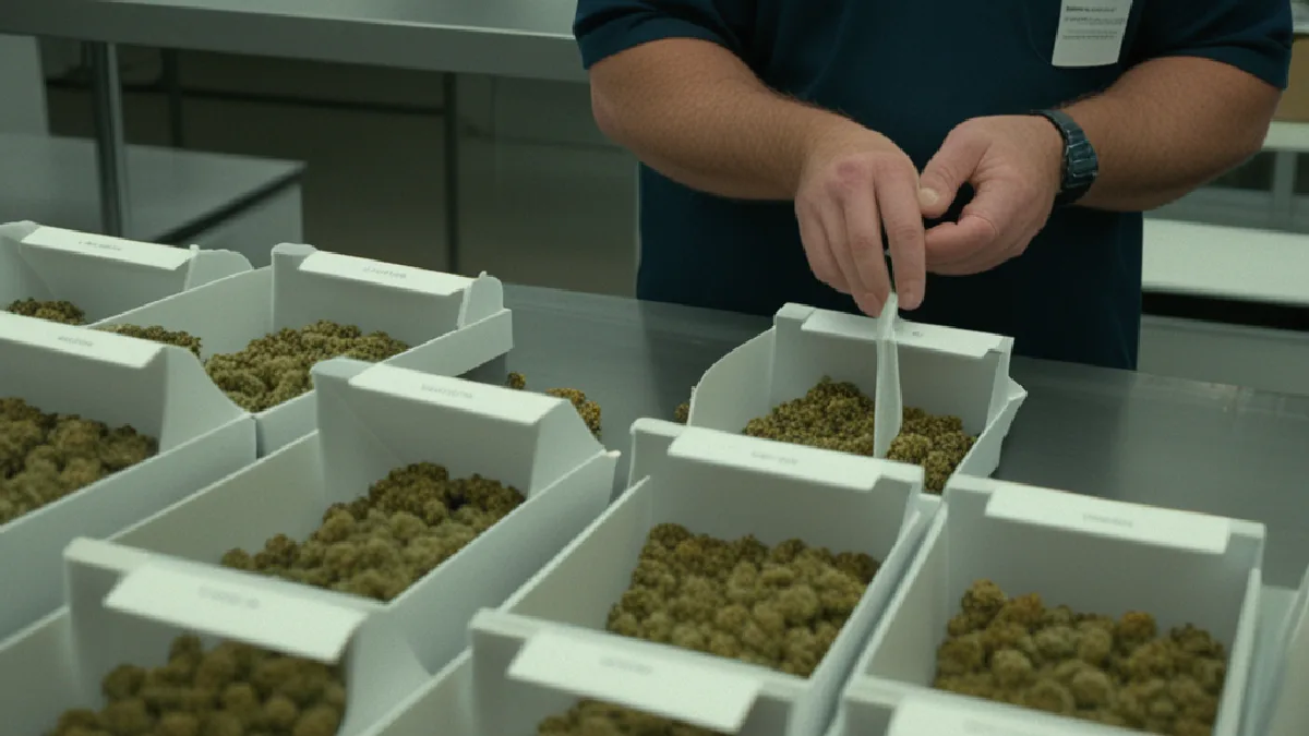 A worker checks fresh flower and pre-roll inventory beside storage equipment, illustrating a practical flower-first delivery strategy.