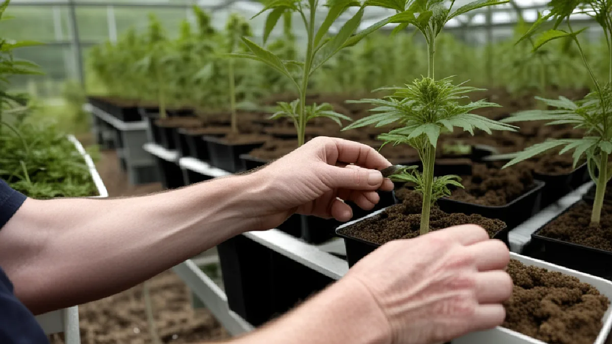 Gloved hands inspect cannabis plants inside a greenhouse, representing address-level licensing enforcement.