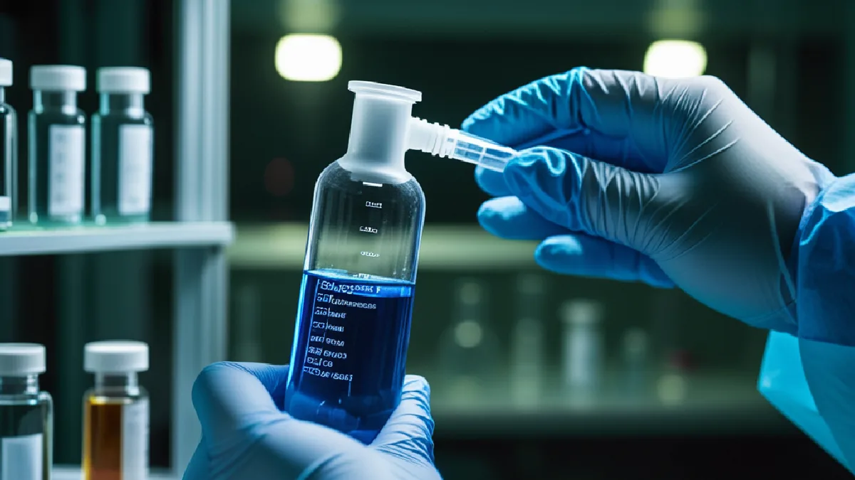 Gloved hands holding a liquid compound vial in a clinical setting illustrating scientific evidence gathering.