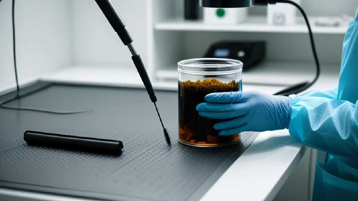 Manos enguantadas manipulan muestras de cannabis junto a equipos de laboratorio mientras cambian las normas de investigación.