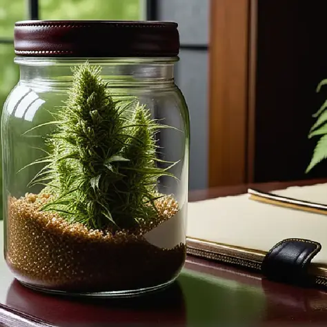 Sealed glass jar of hemp product next to legal compliance documents on a wooden desk, illustrating regulatory policy debates.