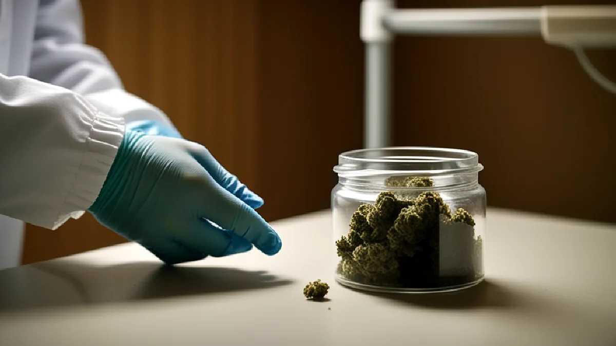 Gloved hands secure an unbranded medical cannabis container in a locked hospice cabinet under proposed Pennsylvania rules.