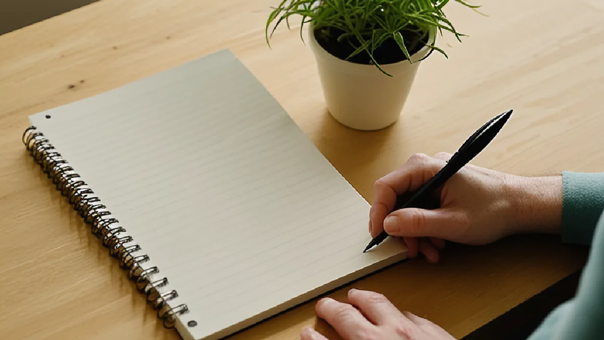Hands record sensory observations in a plain notebook, illustrating an experience-first approach to citizen science