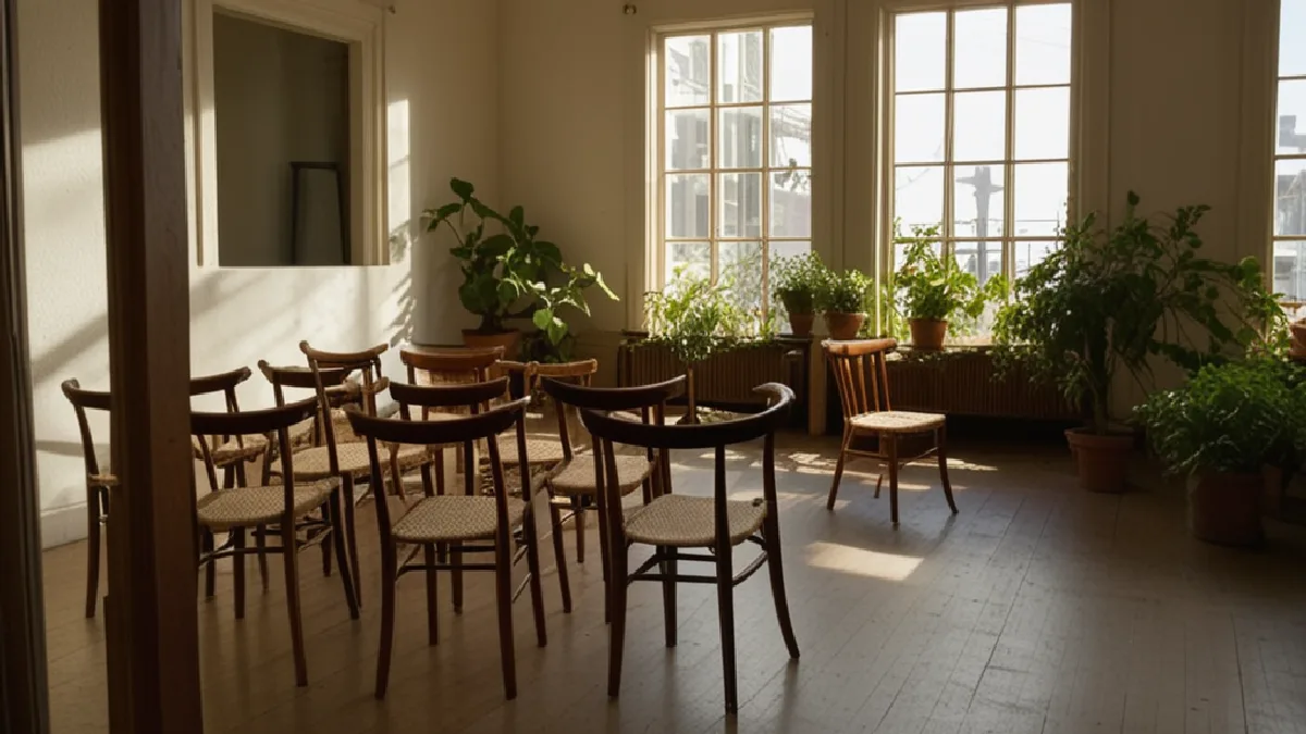 Empty chairs, woven textiles and greenery suggest a reflective community gathering in San Francisco’s Mission District.