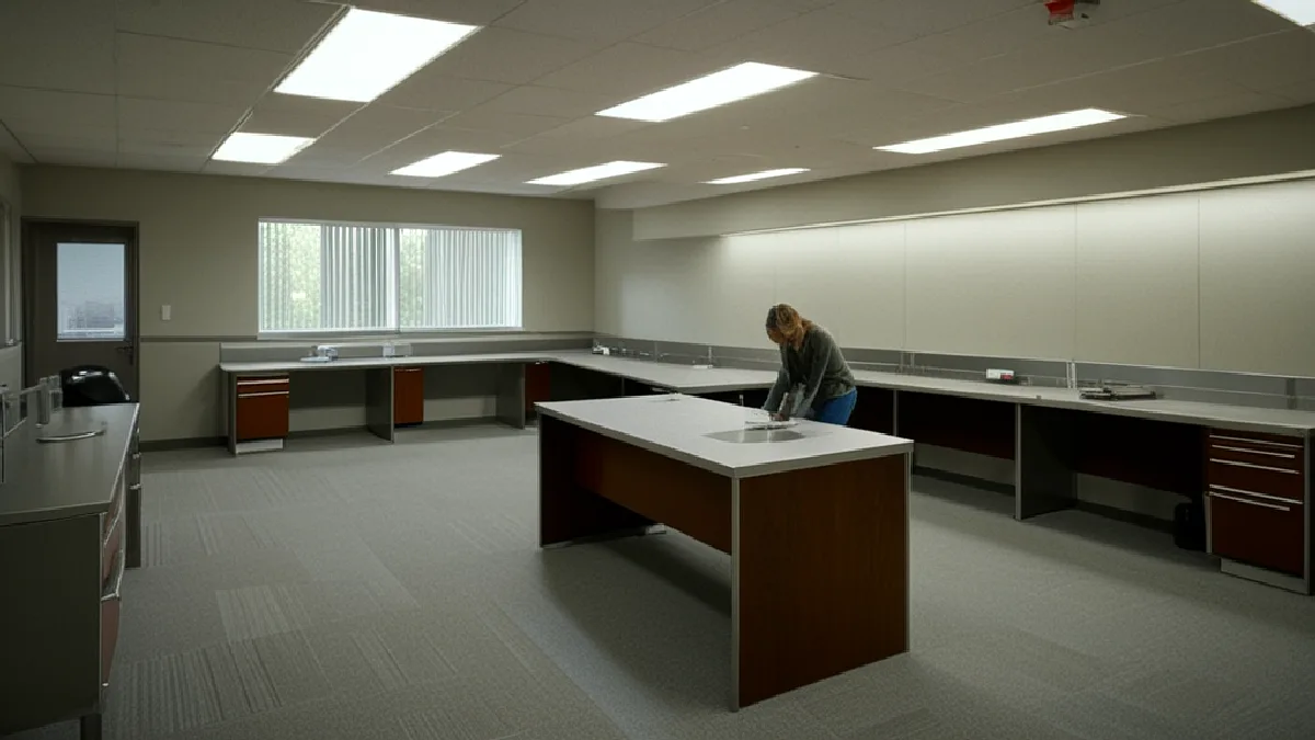 Empty regulatory workstations and inspection tools convey staffing pressure in Colorado cannabis oversight.
