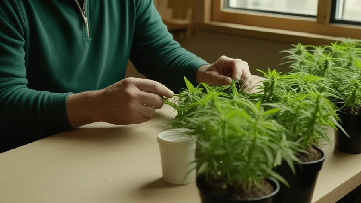 Hands prepare a welcoming neighborhood cannabis space, evoking social equity ownership and community participation.