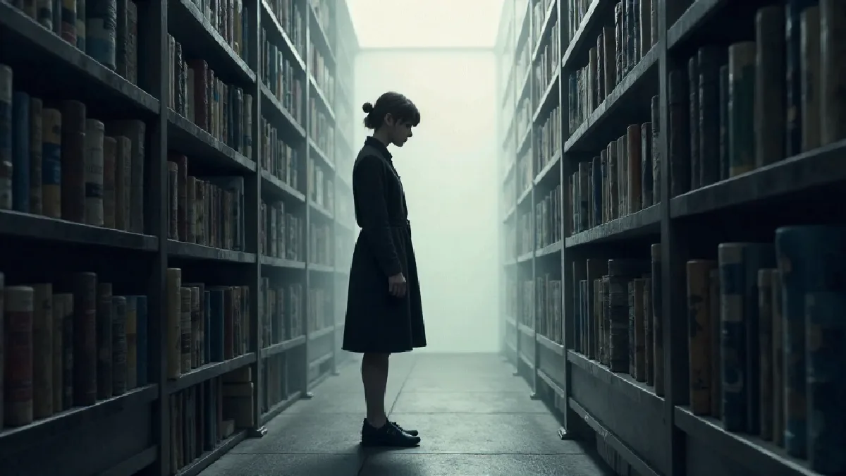 A solitary reader enters a dreamlike interior, suggesting fiction can make complex psychedelic ideas emotionally accessible.
