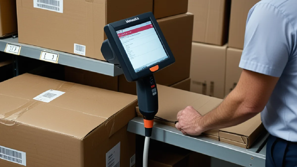 Hands check an unbranded parcel beside dispatch equipment, illustrating compliance costs and operational risks in delivery.
