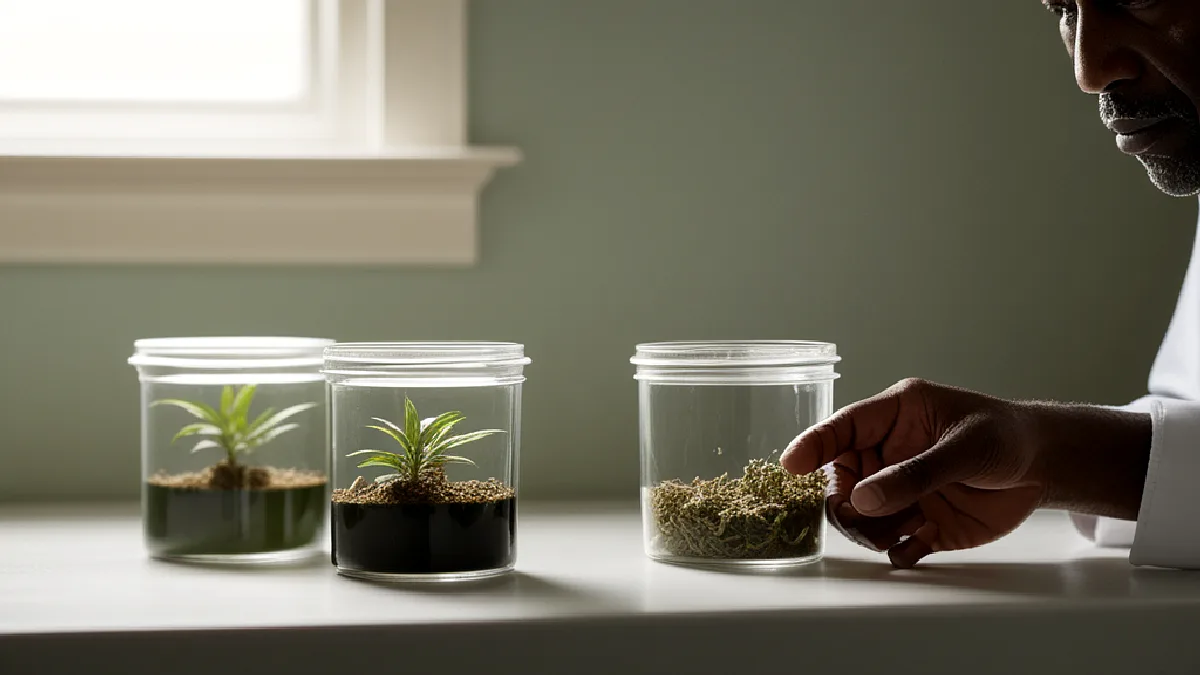Unmarked study supplies and cannabis flower represent randomized treatment assignment in the FDA-authorized PTSD trial.