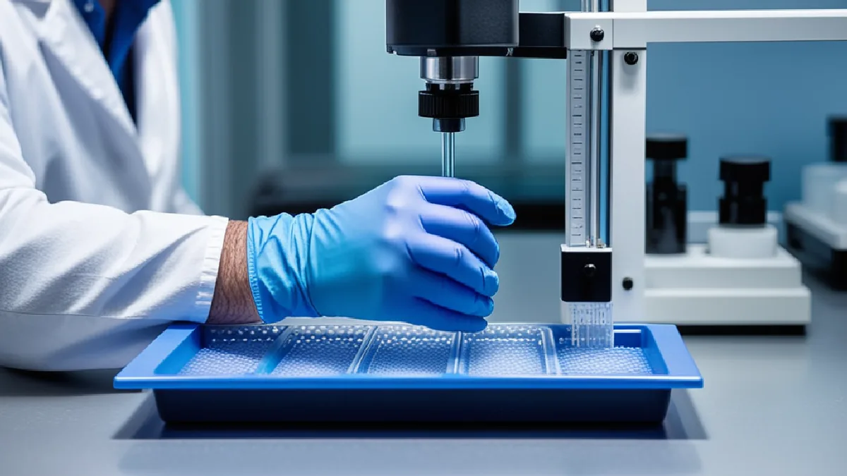A scientist's gloved hand pipetting solutions into a test tray, illustrating rigorous scientific evidence and research methodologies in trials.