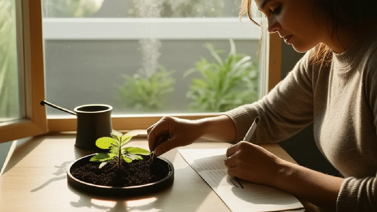 Hands tend a young cannabis plant at home, evoking accessible cultivation learning and remote engagement with the summit.