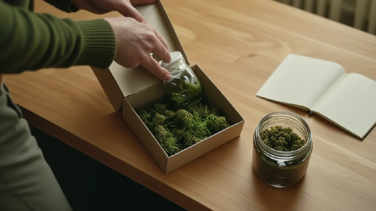 Hands organize a discreet cannabis order at home beside practical accessories, reflecting a careful and intentional delivery lifestyle.