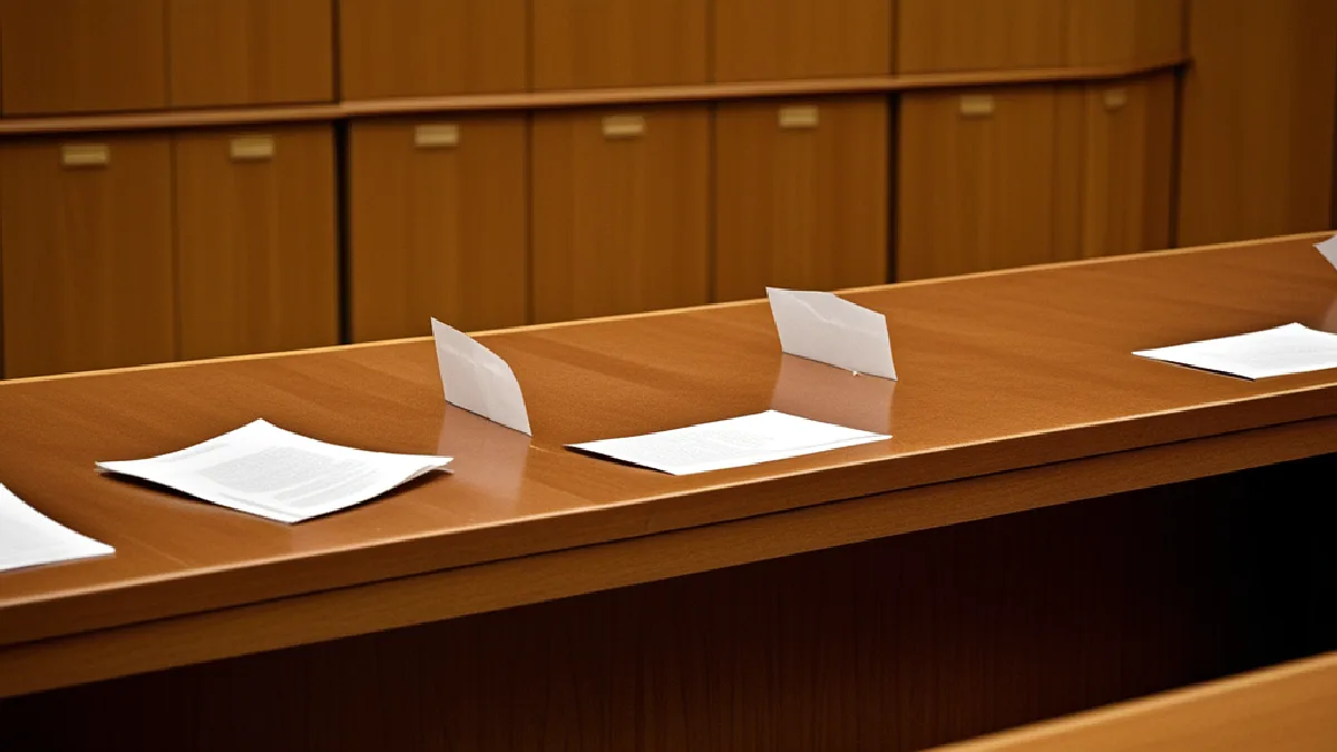 salle d'audience vide avec des panneaux en bois, sans signalisation ni documents, illustrant le statut actuel des audiences fédérales sur le reclassement du cannabis