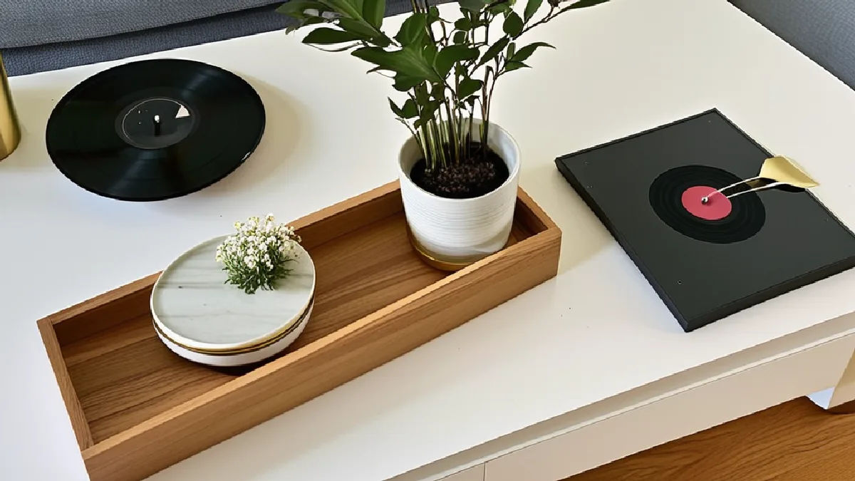 Top-down view of a modern white and gold pipe placed on a coffee table beside a turntable and ceramic stash jar.