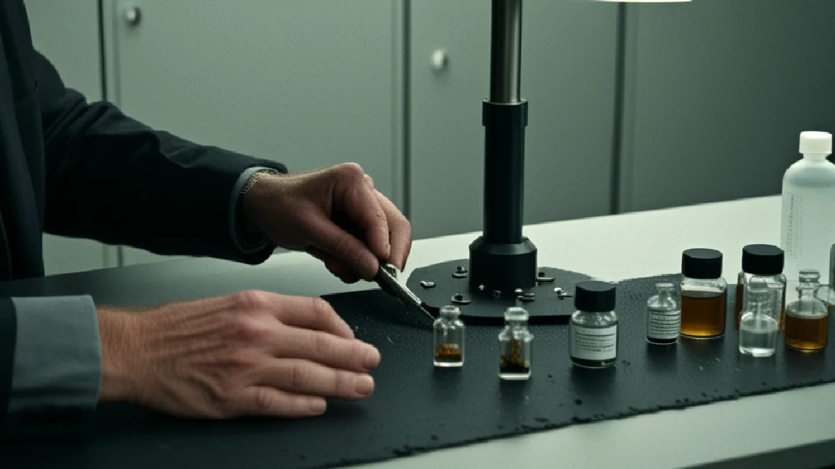 A sales executive observes formulation work in a terpene laboratory, representing technical commercial leadership.