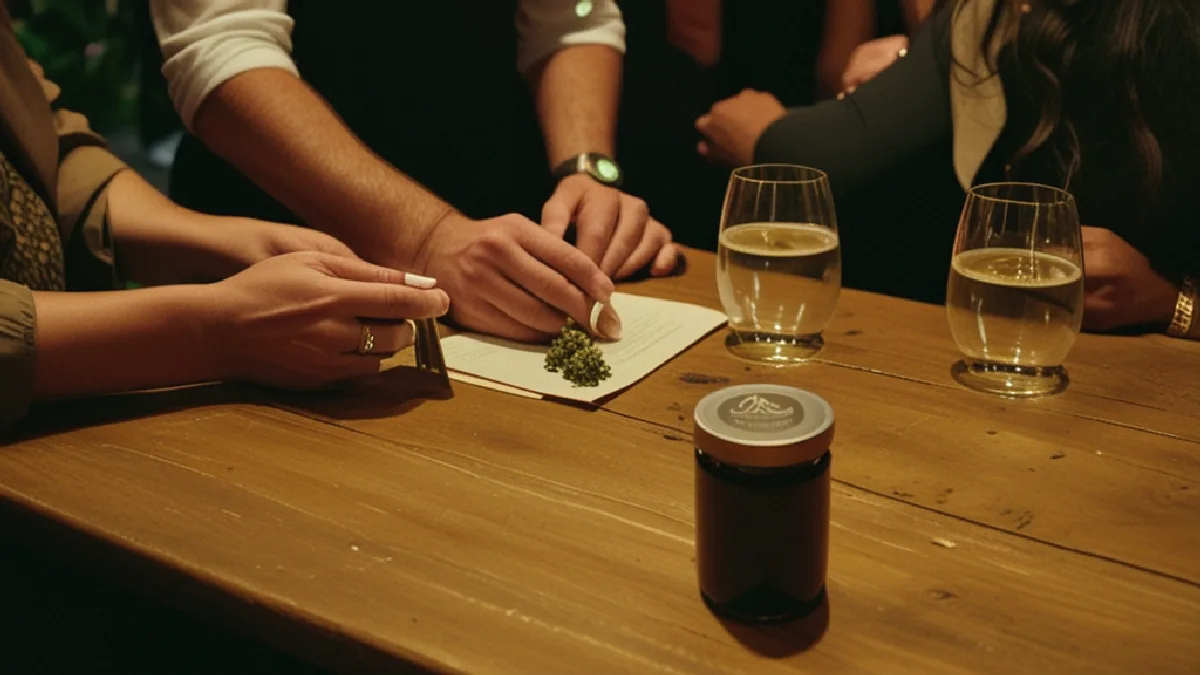 Hands exchange an unlabelled cannabis sample jar at a warm Atlantic City networking gathering after the convention floor closes.