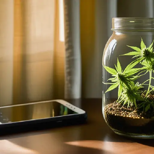 A smartphone lying next to a small glass cannabis jar on a wooden nightstand, illustrating social media influence on intimate habits.
