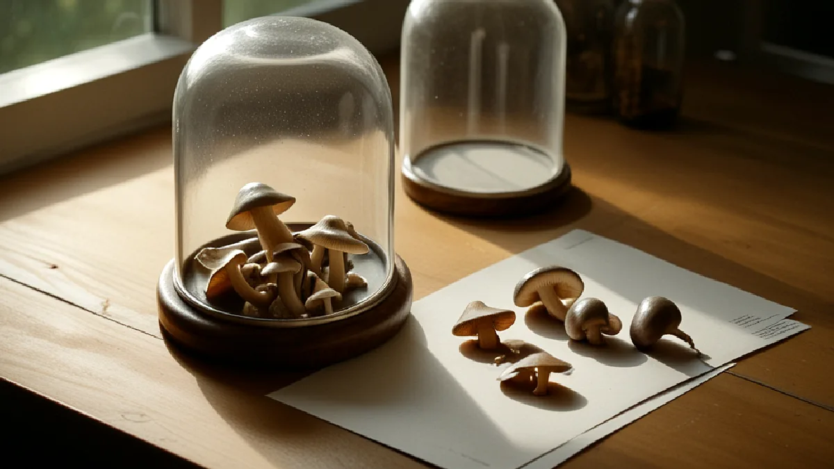 Gloved hands beside mushrooms and ayahuasca botanicals illustrate personal use without commercial legalization.