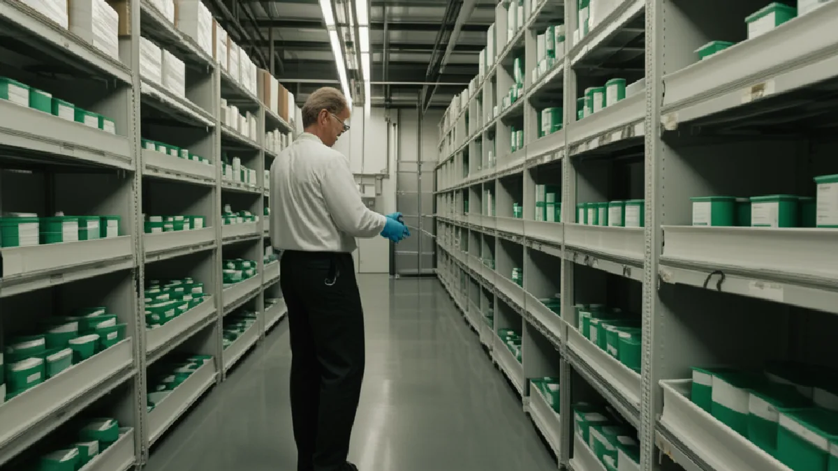 Gloved hands organize sealed containers in secure storage, illustrating inventory controls supporting compliant distribution.