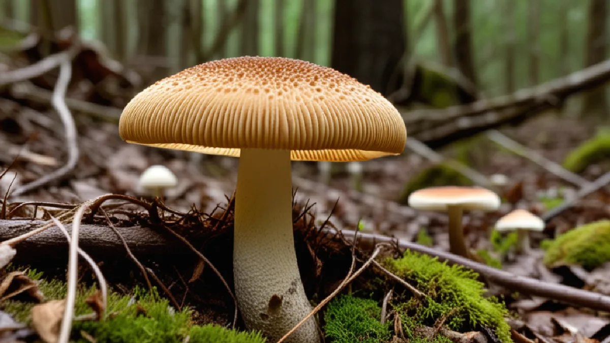 A close field view shows ochre-capped mushrooms and rhizomorphic mycelium in their African woodland habitat.