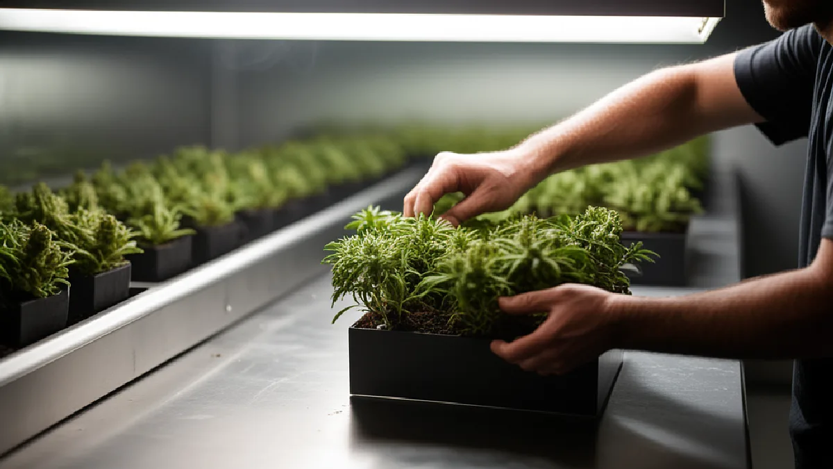 Gloved hands inspect resinous cannabis flowers in a controlled drying room, highlighting Khalifa Kush’s premium cultivation focus.