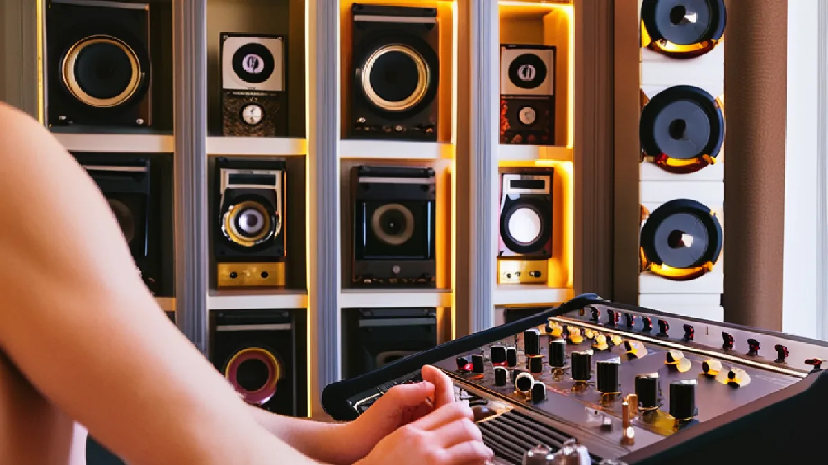 Hands hold a white and gold pipe in a warm music studio setting with blurred vinyl records in the background.