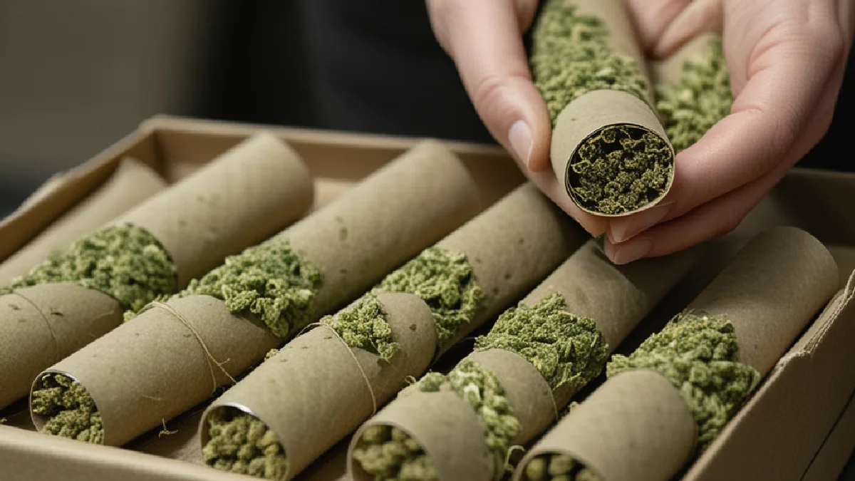 Different pre-roll sizes, infused cones and multi-packs arranged for a consumer choosing among popular formats.