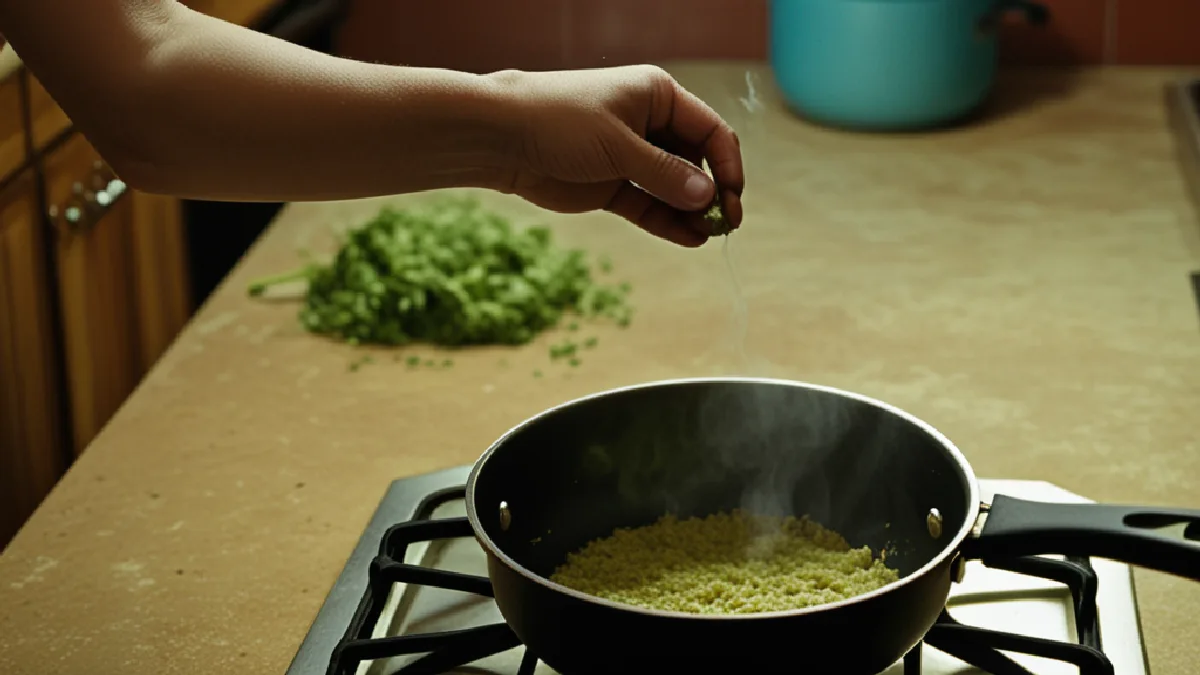 A cook adds cannabis flower to food in a private kitchen, illustrating authorized preparation for personal use.